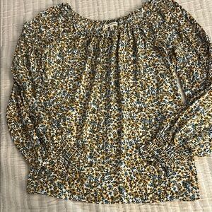 Max Studio Cream and Brown Smocked Long Sleeve Blouse